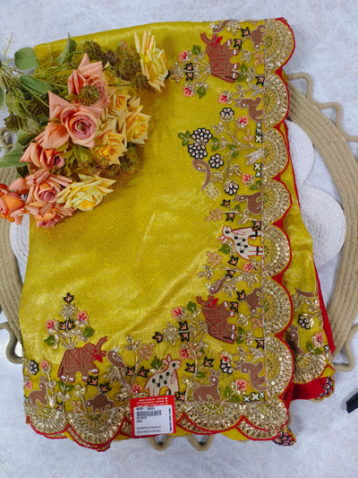Vibrant Yellow Traditional Jaal-Work Saree with Scalloped Border