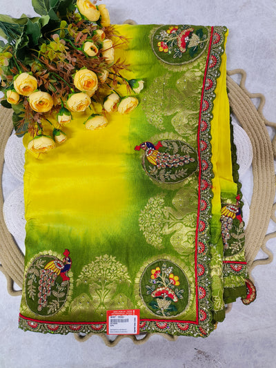 Graceful Yellow and Green Ombre Saree with Peacock Motif Work