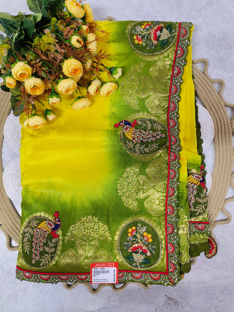 Graceful Yellow and Green Ombre Saree with Peacock Motif Work