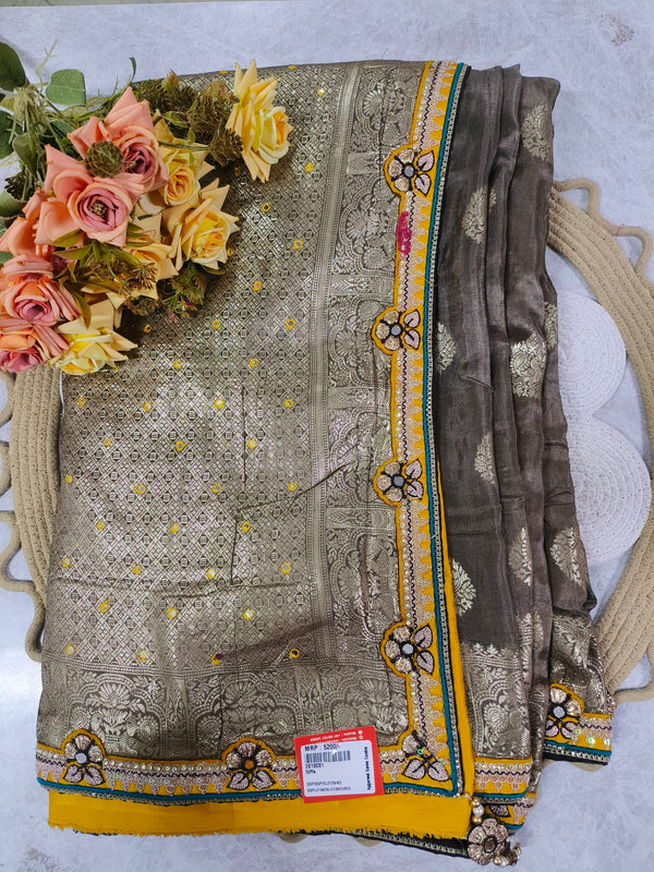 Chic Grey and Gold Banarasi-Inspired Bordered Saree