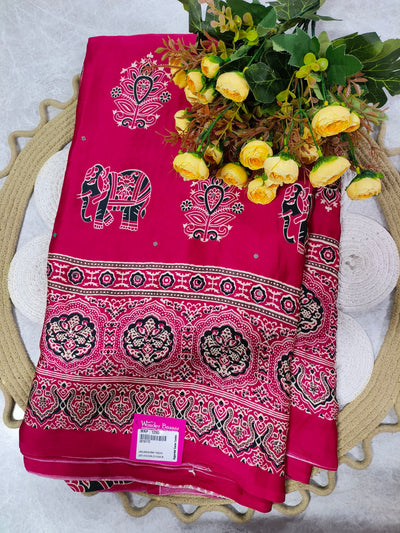 Elegant Fuchsia Pink Ajrakh Print Saree with Elephant Motifs