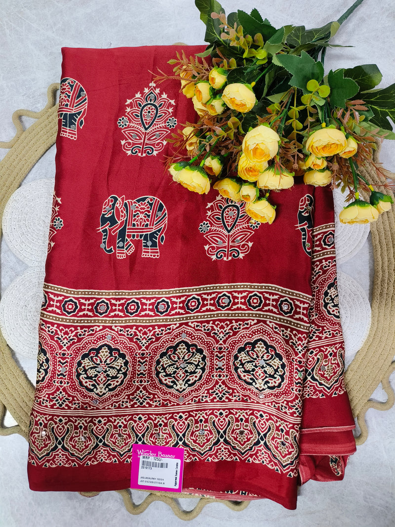 Elegant Fuchsia Pink Ajrakh Print Saree with Elephant Motifs