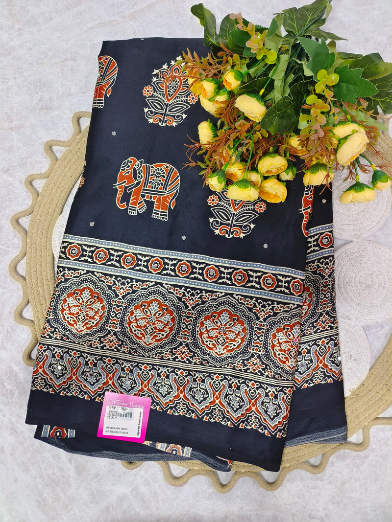 Elegant Fuchsia Pink Ajrakh Print Saree with Elephant Motifs