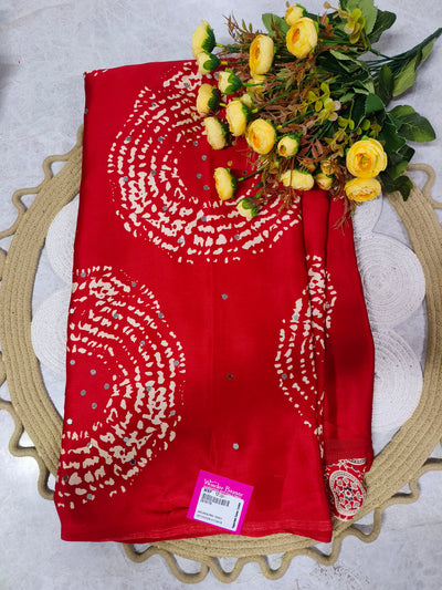 Chic Vibrant Red Tie-Dye Inspired Saree with Mirror Embellishments