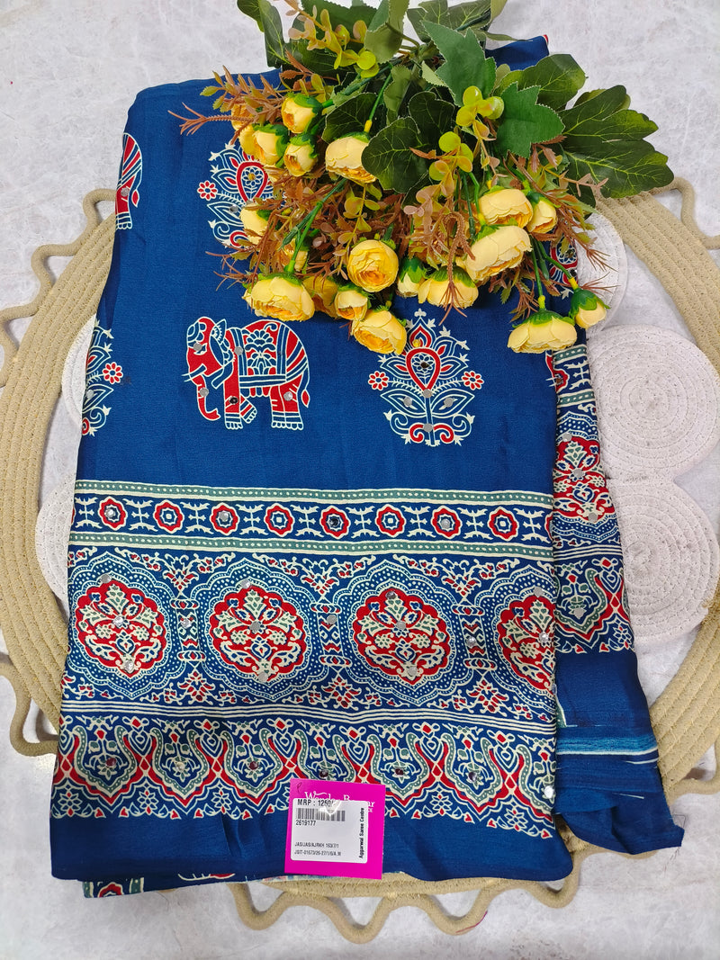Elegant Fuchsia Pink Ajrakh Print Saree with Elephant Motifs
