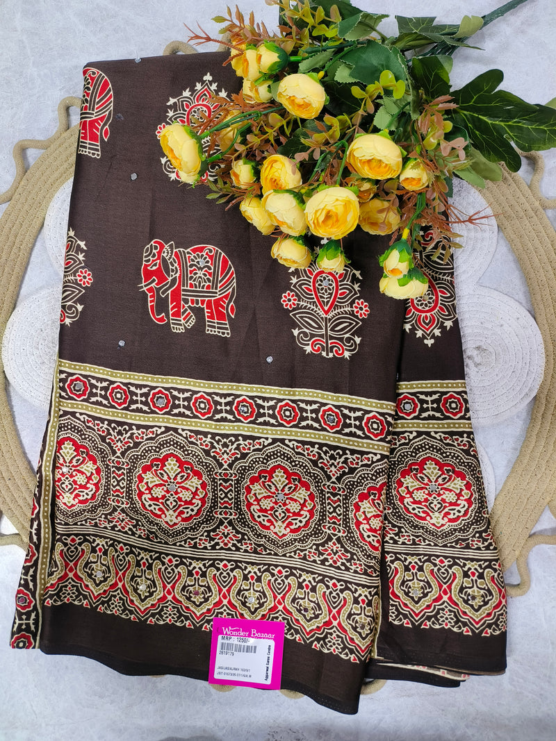 Elegant Fuchsia Pink Ajrakh Print Saree with Elephant Motifs