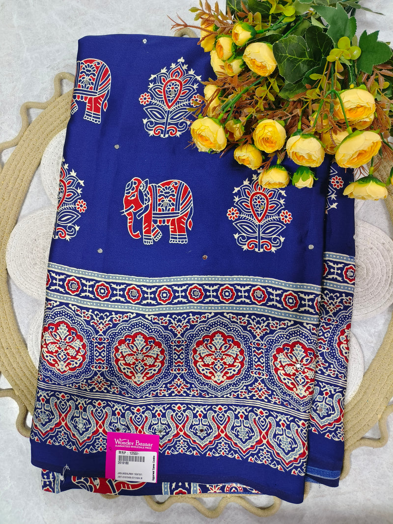Elegant Fuchsia Pink Ajrakh Print Saree with Elephant Motifs