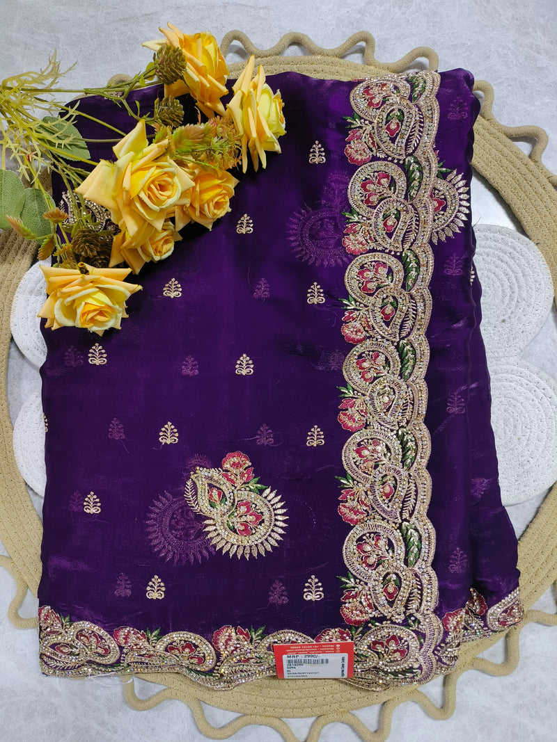 Sophisticated Purple Fancy Saree with Floral Zari Detailing