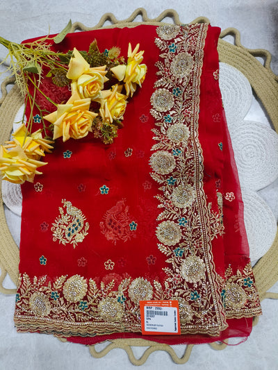 Royal Red Designer Saree with Floral Zari Embellishments