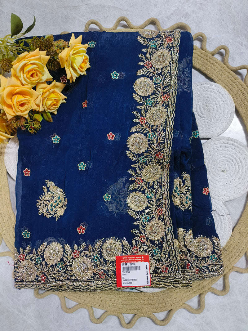 Royal Red Designer Saree with Floral Zari Embellishments