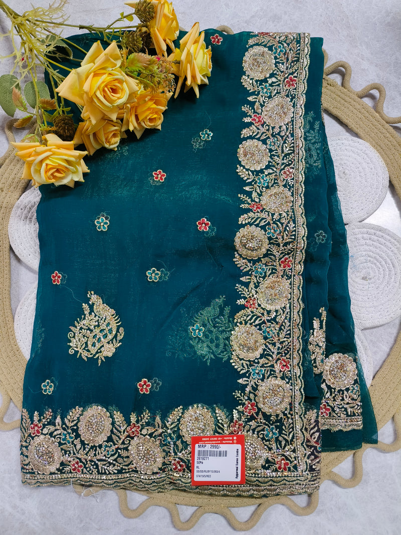 Royal Red Designer Saree with Floral Zari Embellishments
