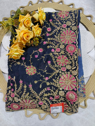 Midnight Blue Saree with Pink Floral Embroidery