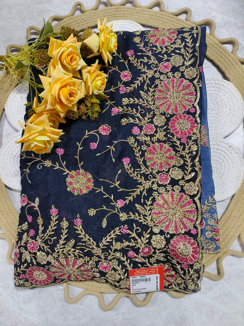 Midnight Blue Saree with Pink Floral Embroidery