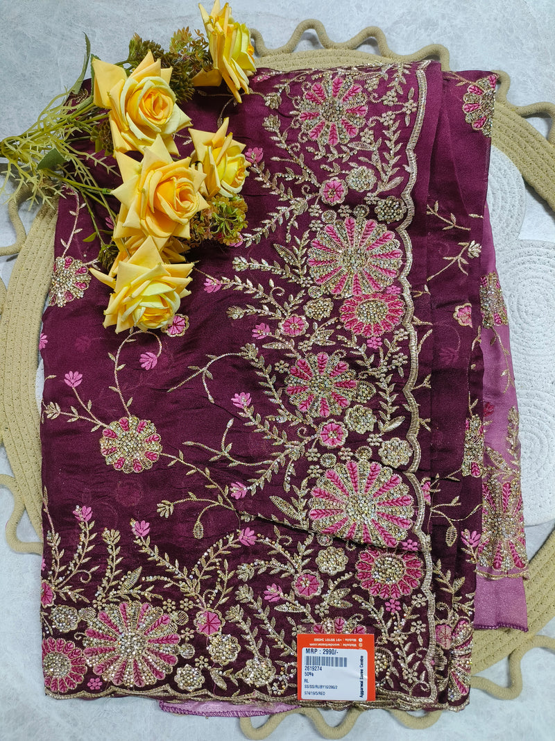 Midnight Blue Saree with Pink Floral Embroidery