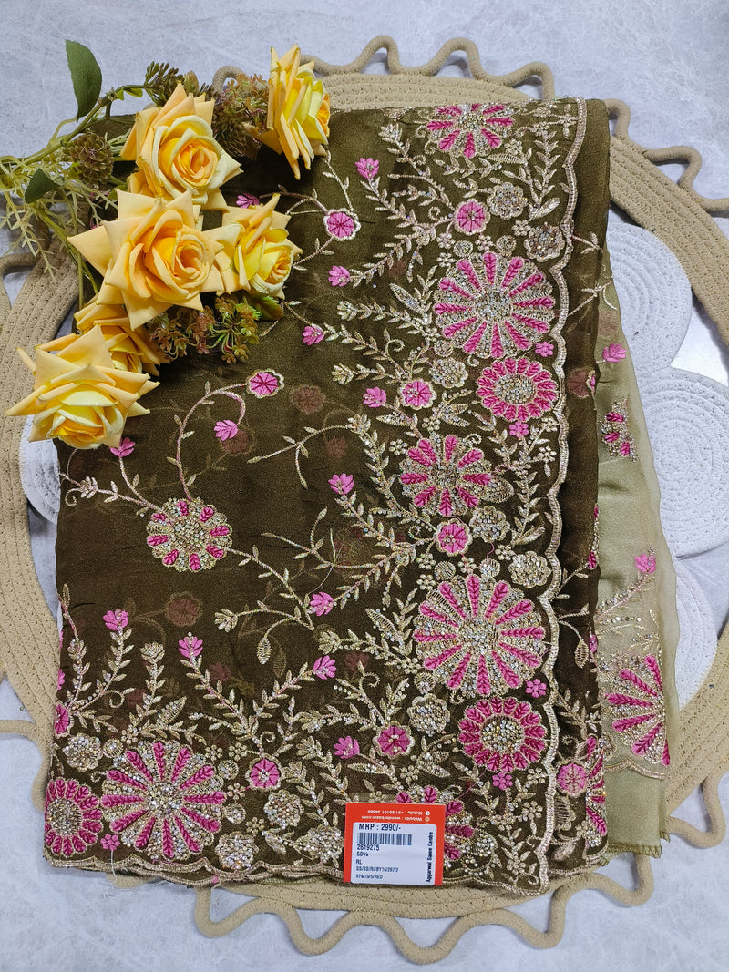 Midnight Blue Saree with Pink Floral Embroidery
