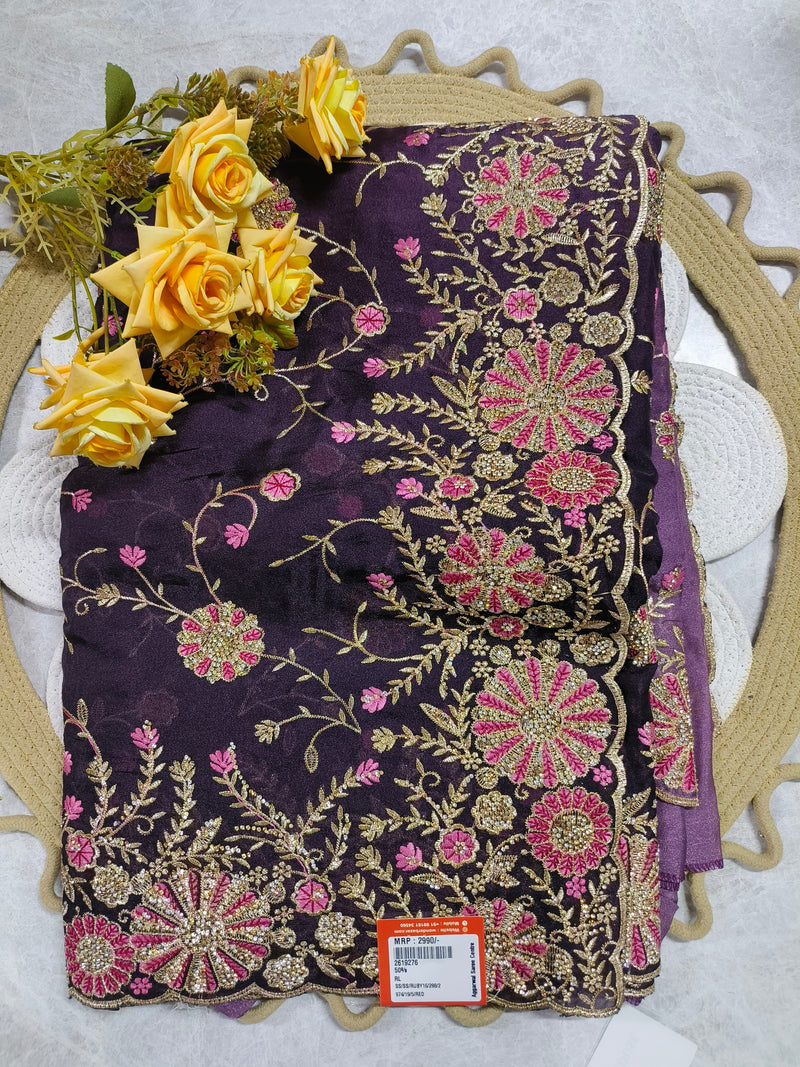 Midnight Blue Saree with Pink Floral Embroidery