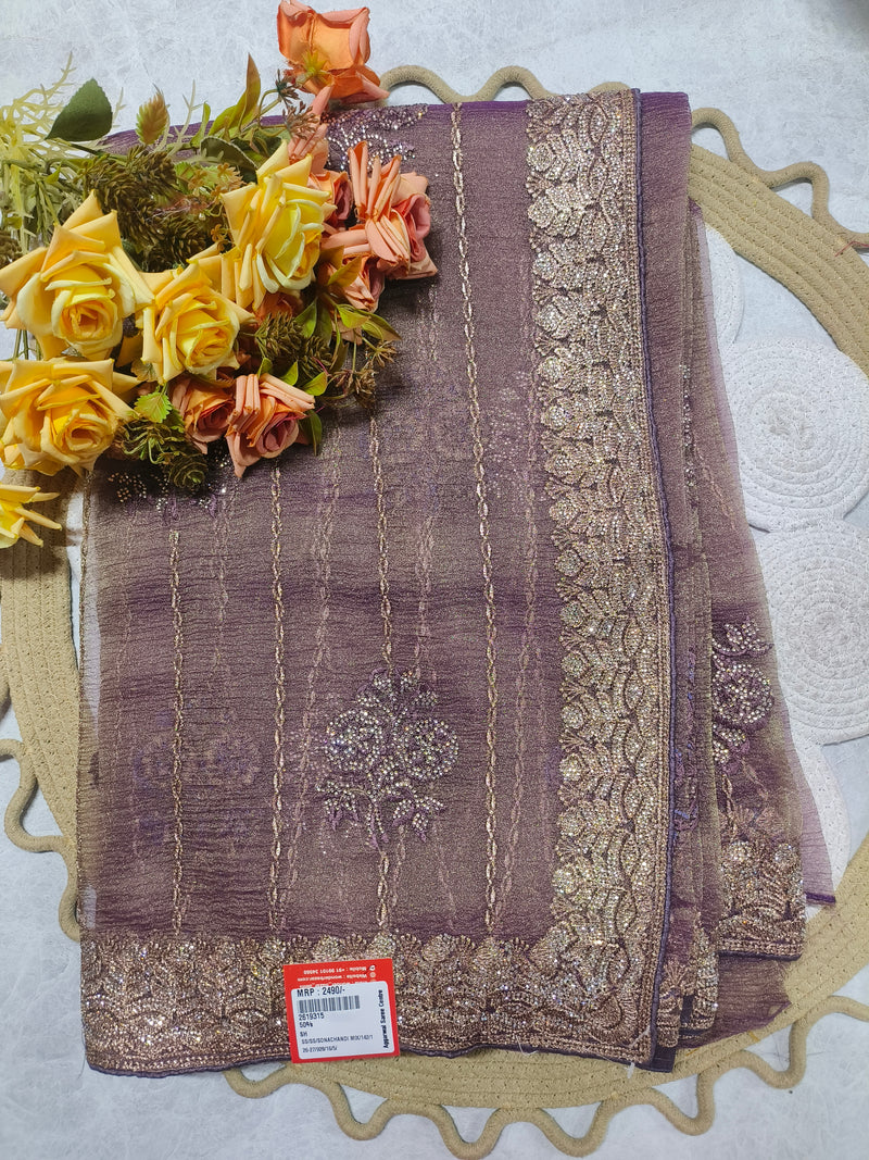 Elegant Shimmering Purple Embellished Party Saree