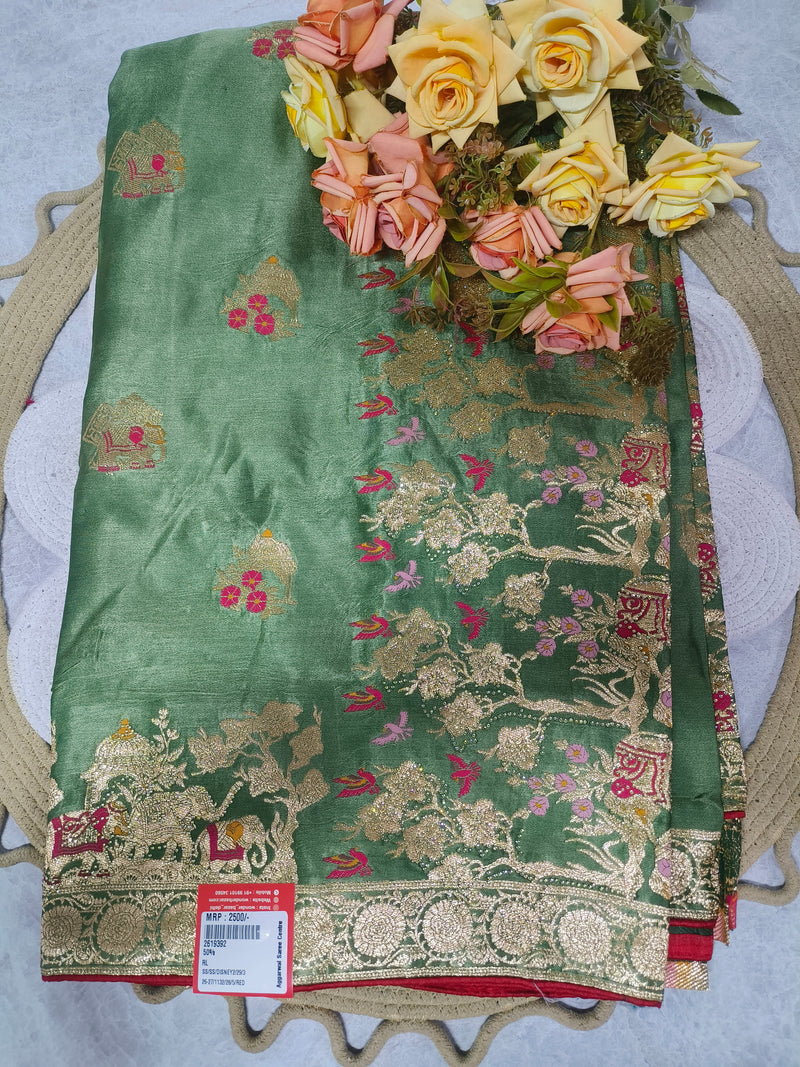 Sophisticated Sage Green Banarasi Silk Saree with Gold Zari