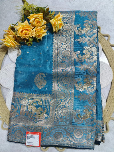 Luxurious Blue-Green Zari Weave Saree for Festive Elegance