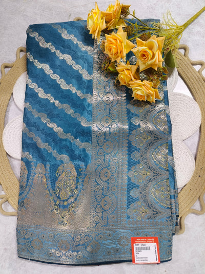 Stunning Teal Ethnic Saree with Modern Golden Weave