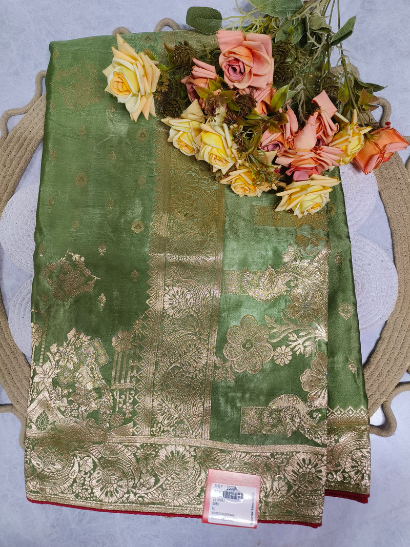Elegant Olive Green Banarasi Silk Saree with Zari Work