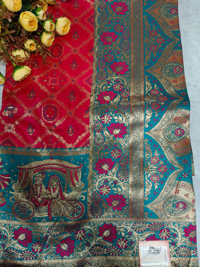 Royal Contrast Red and Teal Heritage Silk Saree