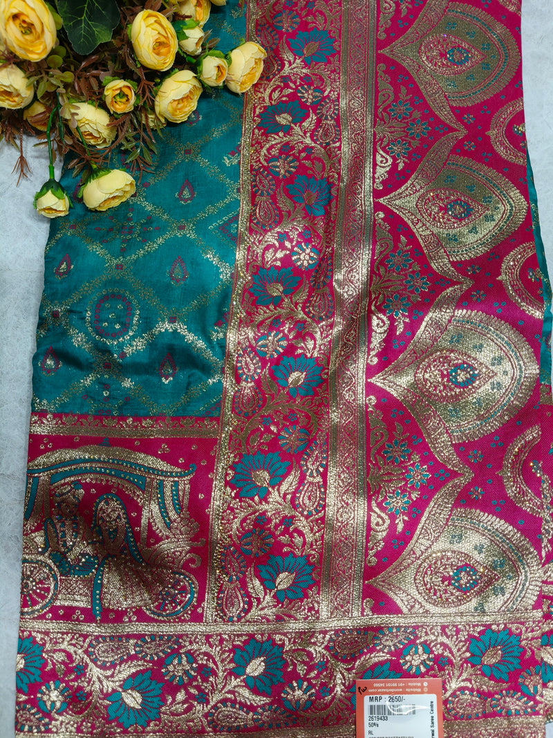 Royal Contrast Red and Teal Heritage Silk Saree