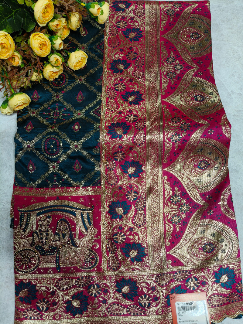 Royal Contrast Red and Teal Heritage Silk Saree