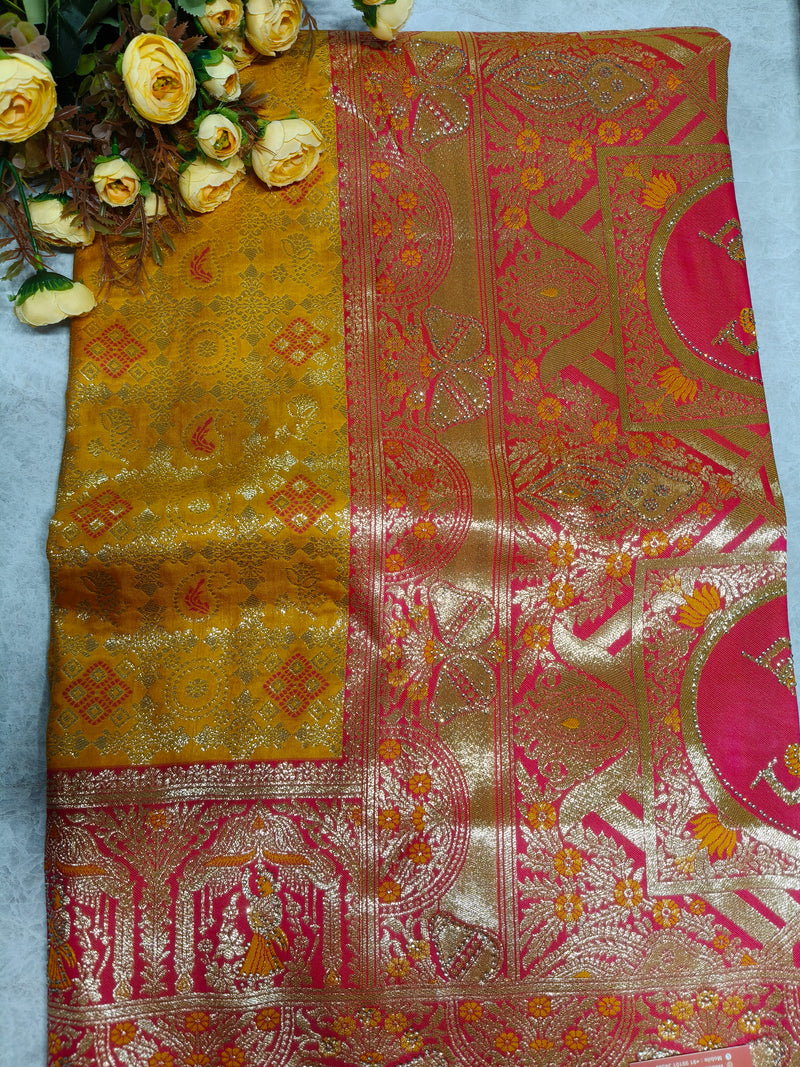Radiant Mustard and Pink Zari-Embellished Festive Saree