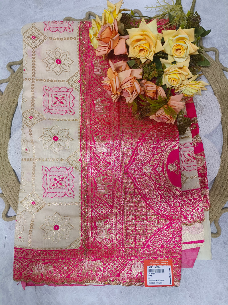 Stunning Cream and Pink Bandhani Banarasi Silk Saree