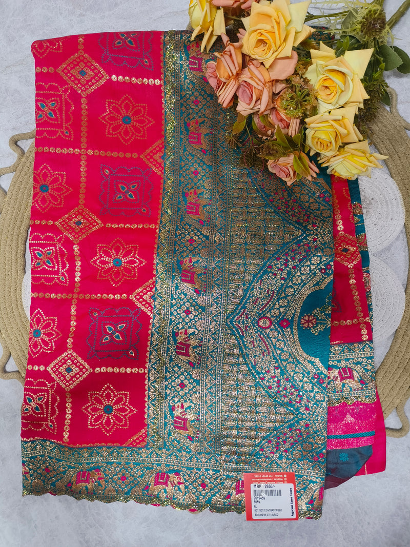 Stunning Cream and Pink Bandhani Banarasi Silk Saree
