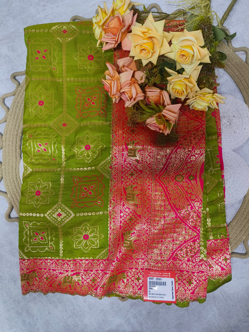 Stunning Cream and Pink Bandhani Banarasi Silk Saree