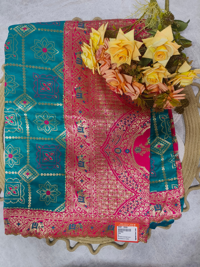 Stunning Cream and Pink Bandhani Banarasi Silk Saree
