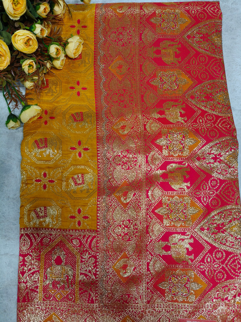 Classic Mustard and Pink Elephant Motif Zari Saree