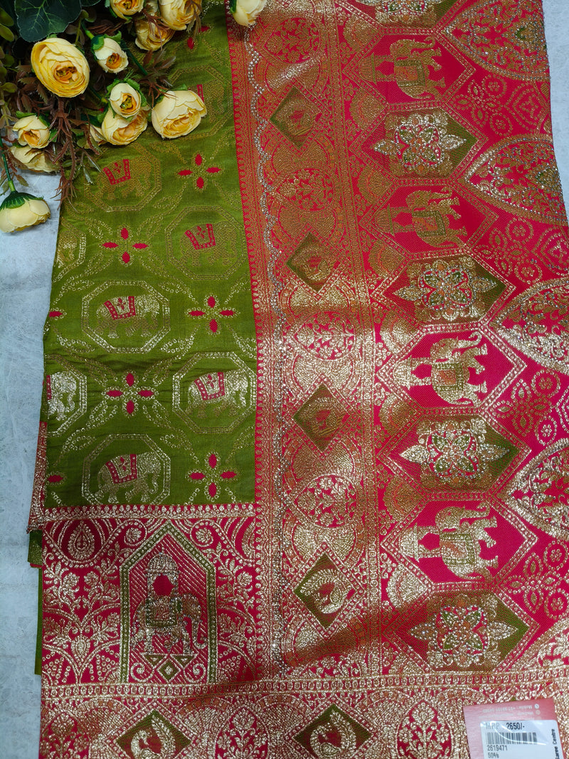 Classic Mustard and Pink Elephant Motif Zari Saree