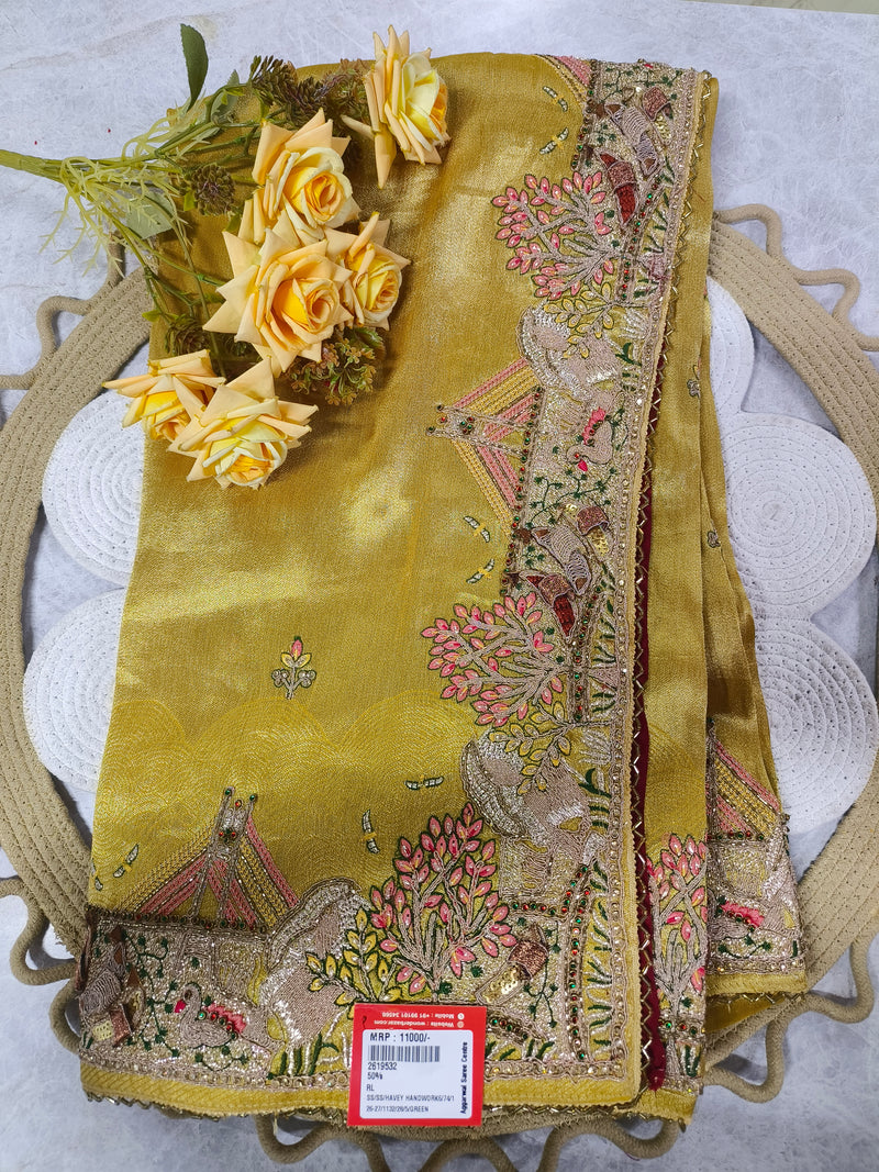 Elegant Mustard Yellow Hand-Embroidered Ethnic Saree