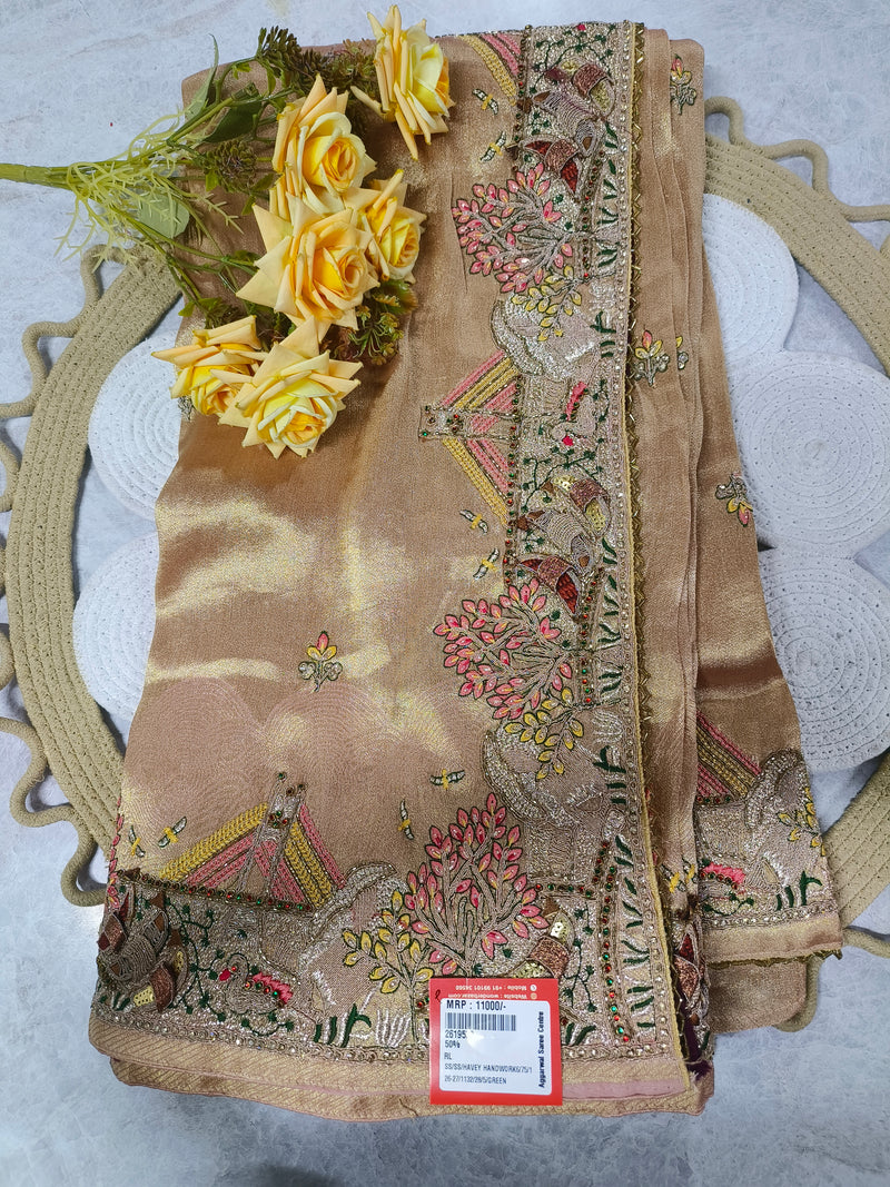 Elegant Mustard Yellow Hand-Embroidered Ethnic Saree
