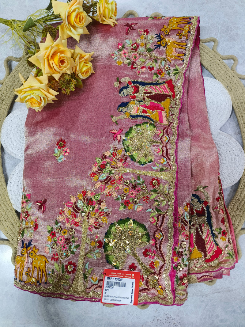 Charming Rose Pink Hand-Embellished Festive Saree