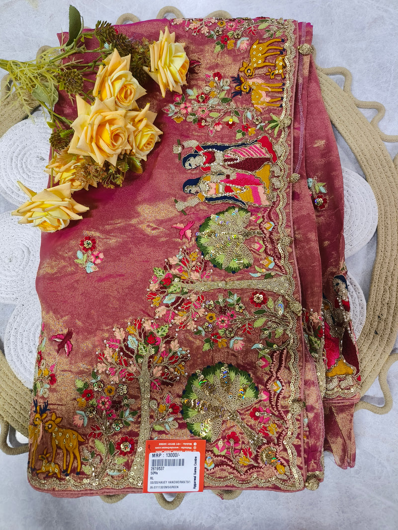 Charming Rose Pink Hand-Embellished Festive Saree