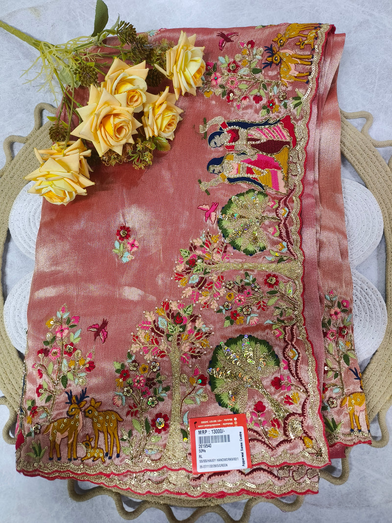 Charming Rose Pink Hand-Embellished Festive Saree