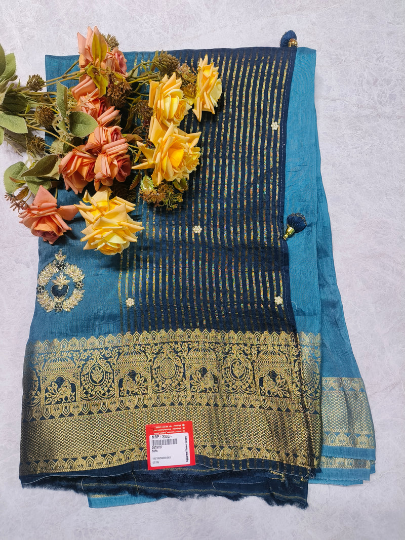 Sophisticated Teal Blue Striped Saree with Grand Gold Border