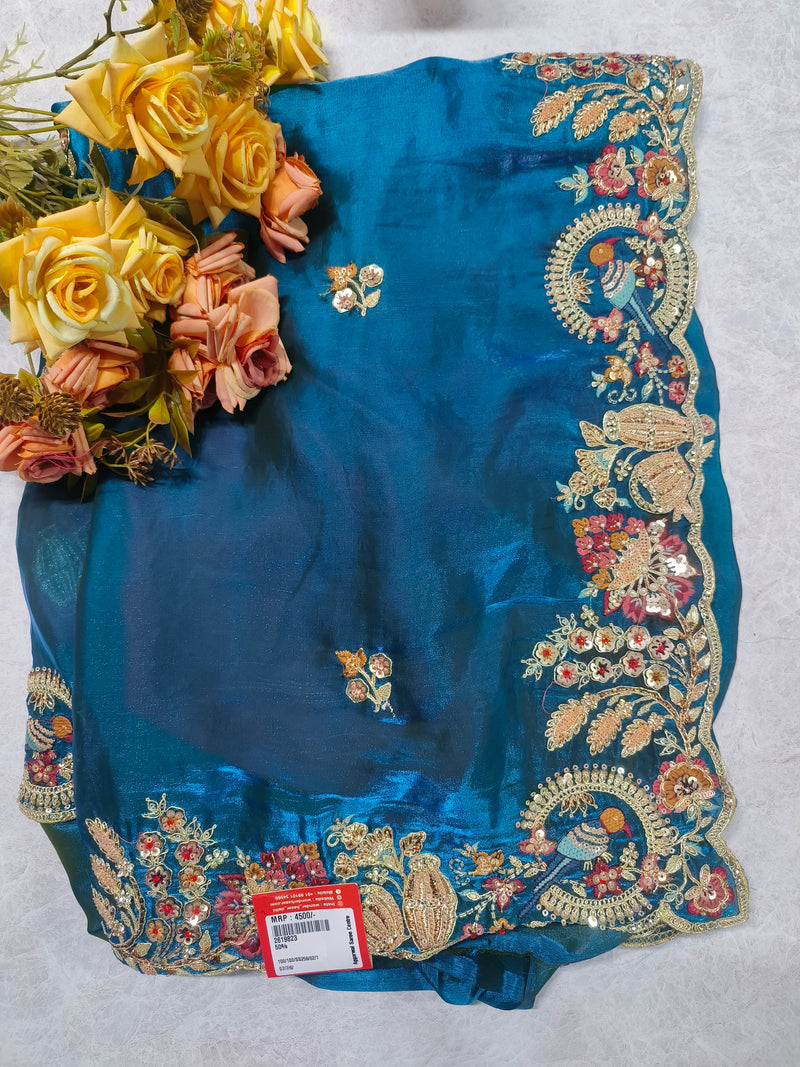 Enchanting Deep Blue Embroidered Saree with Peacock Border