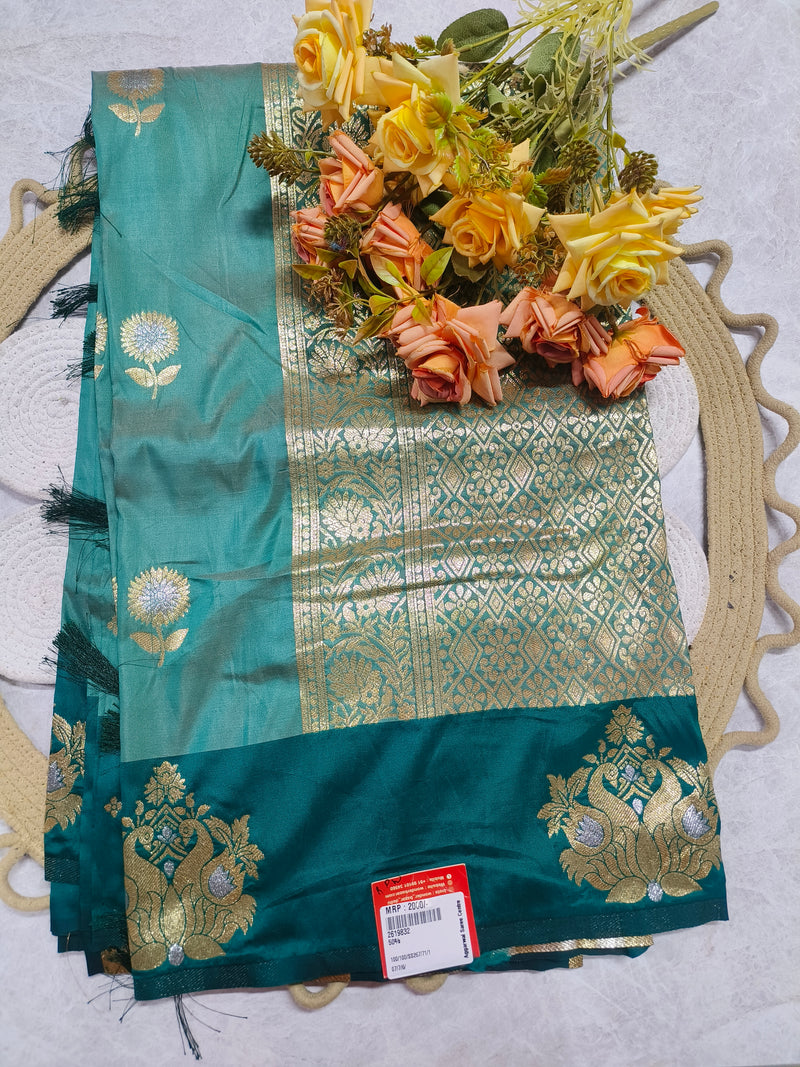 Elegant Teal Green Silk Saree with Traditional Peacock Zari Border