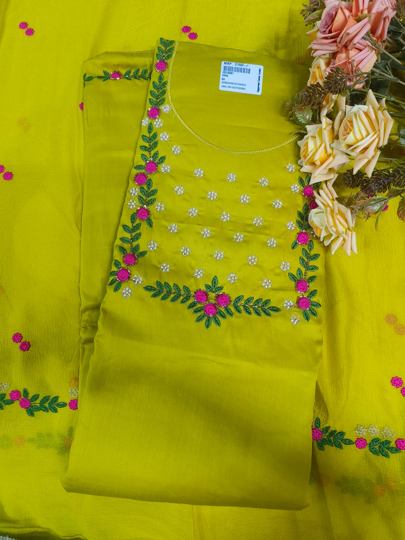 Elegant Lime Green Embroidered Unstitched Suit Set