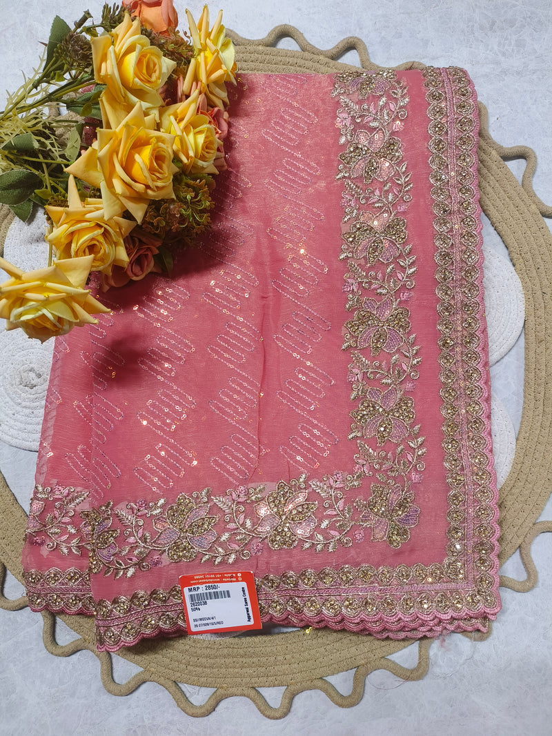 Sophisticated Peach Chiffon Embellished Party Saree
