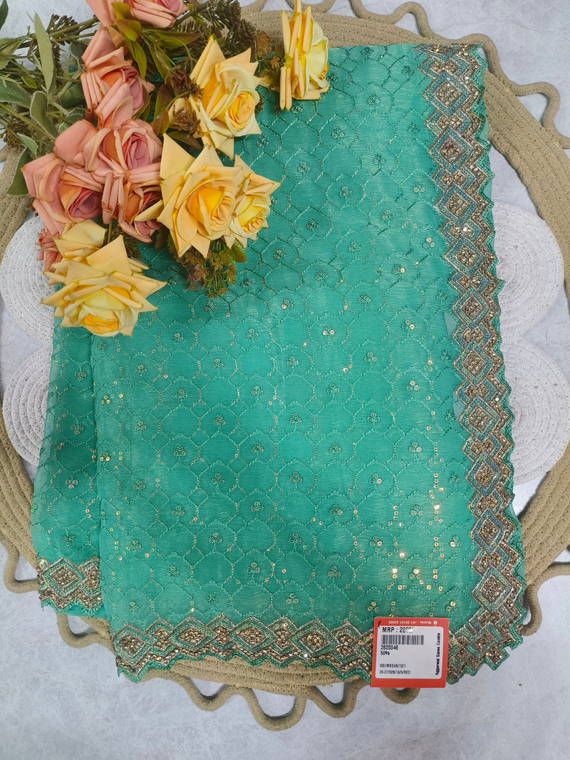Radiant Sea Green Fancy Embellished Net Saree