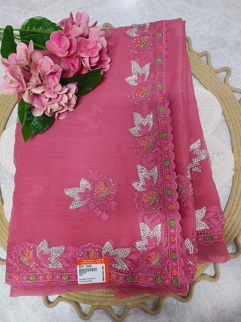 Elegant Rose Pink Embroidered Chiffon Saree with Crystal Accents