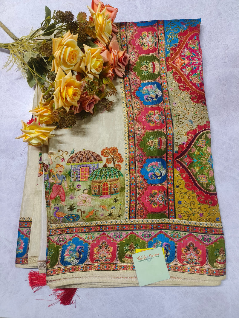 Elegant Cream & Multi-Color Embroidered Designer Saree