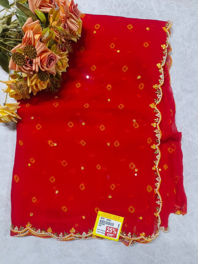 Chic Red Chiffon Saree with Pearl-Embellished Scalloped Border