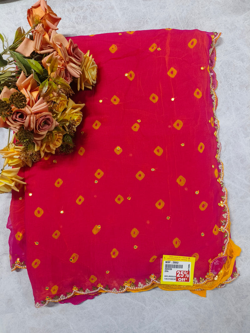 Chic Red Chiffon Saree with Pearl-Embellished Scalloped Border